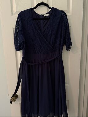Woman’s formal Navy Lace Wrap-Style Dress size 20